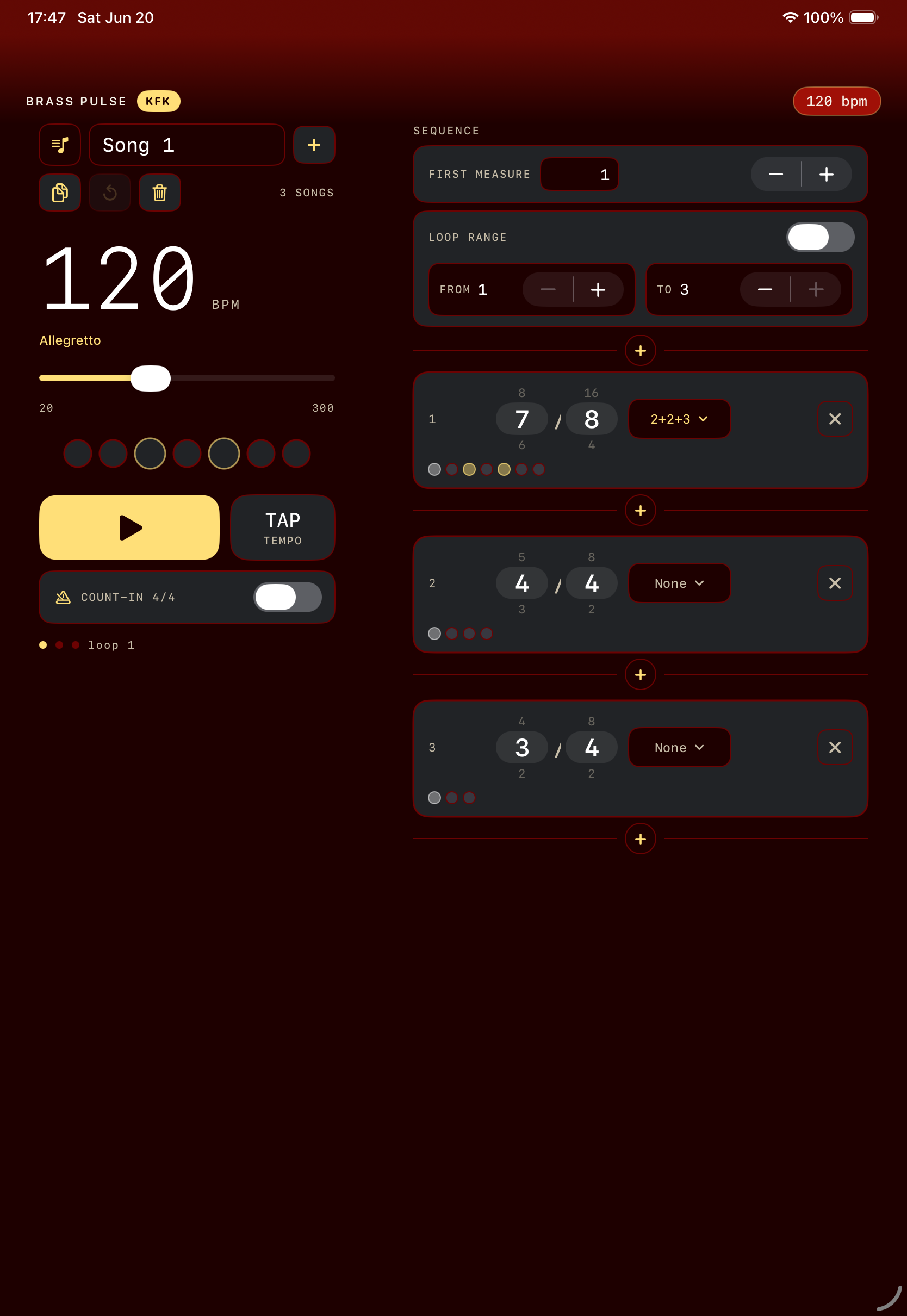 Brass Pulse KFK screenshot showing the split layout with transport controls on the left and sequence editing controls on the right.