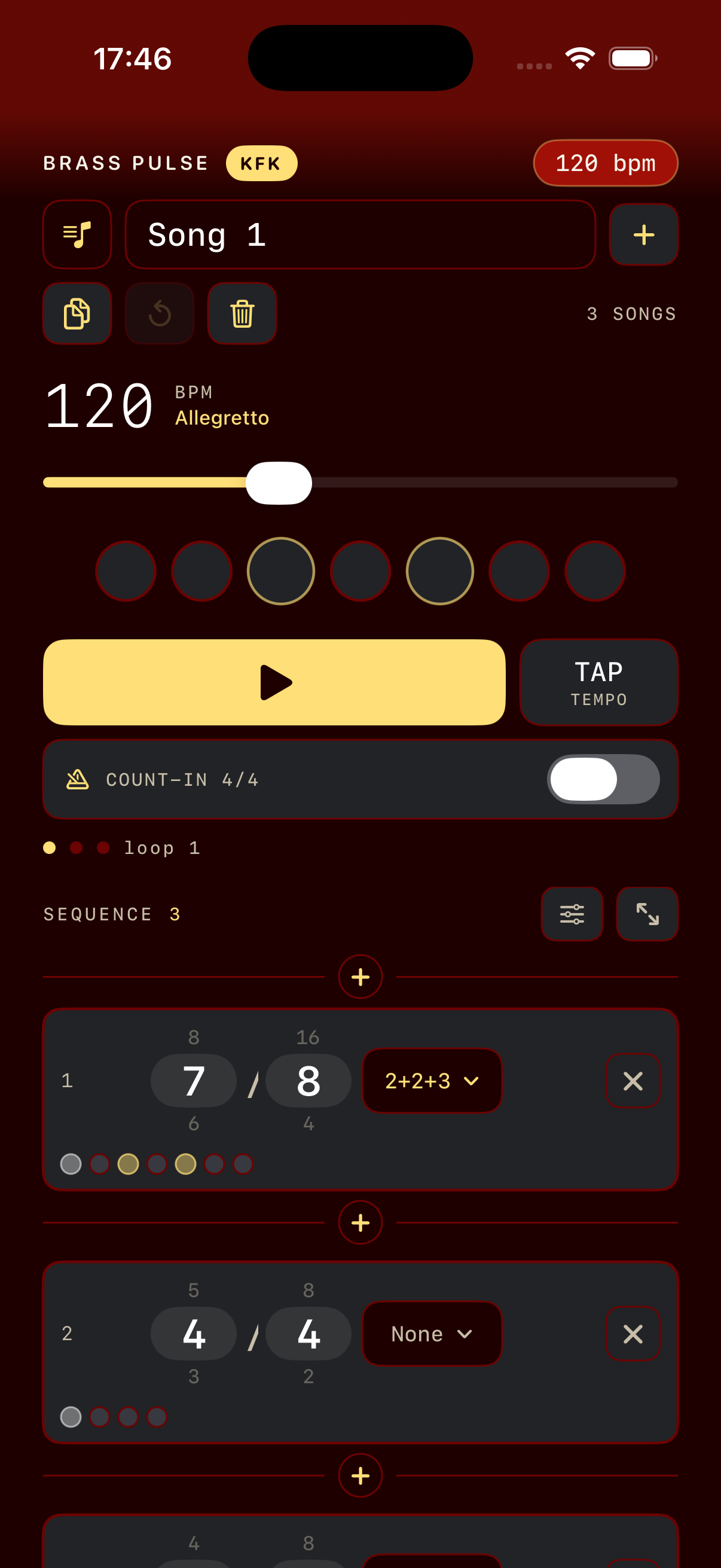 Brass Pulse KFK screenshot showing song controls, tempo, beat dots, playback controls, count-in, loop count, and measure cards.